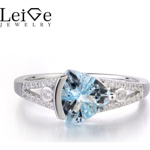 Leige Jewelry Genuine Aquamarine Solid 925 Sterling Silver Ring Blue Gemstone Birthstone Trillion Cut Promise Rings for Women