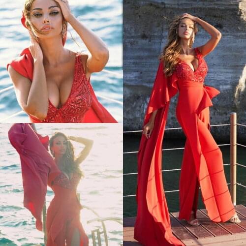 V Neck Red Sequined Jumpsuit with Wrap Side Slits Prom Dresses 2021 A Line Evening Gowns vestido de novia