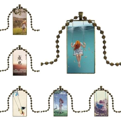 Fashion Glass Cabochon Pendant Necklace Women Bronze Color Choker Rectangle Necklace For Women Wedding Beautiful Girl Swing