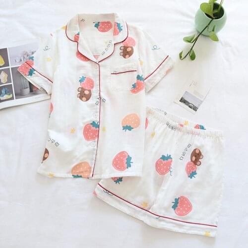 New Japanese Simple Cozy Short Sleeves Pyjamas Women 100% Cotton Shorts Pajama Sets Ladies Cute Cartoon Printed Homewear Pijamas
