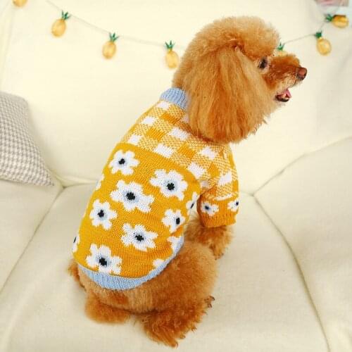 Pet Puppy Dog Cat Sweater Autumn and Winter New Teddy Bichon Hiromi Clothes Red and White Grid Turmeric Rose Flower Sweater