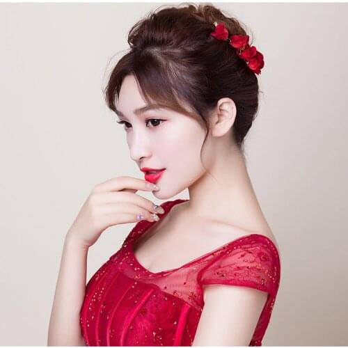 Romantic Elegant Bridal Headdress Golden Alloy Red Cloth-Rose Flower Hair Comb for Wedding Perform Studio Photo Prop O630