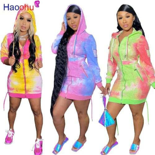 HAOOHU Tie Dye Bodycon MiNI Dress Long Sleeve Hoodies Fall Women Fashion Clothing Vestidos Zip Pocket Streetwear Club Dresses