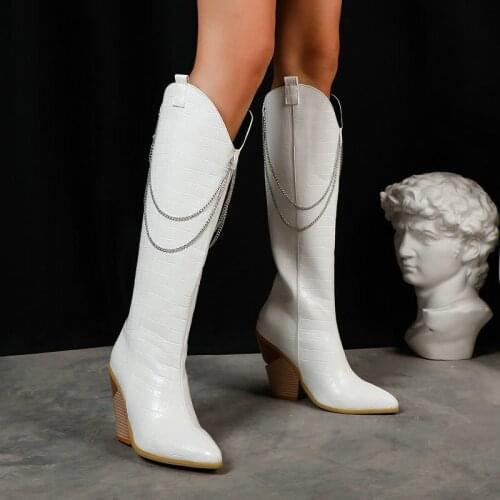 Autumn Winter Fashion Knee High Boots Women Wedges Heel Zipper Western Boots Ladies Chain Pointed Toe Long Boots Black Brown