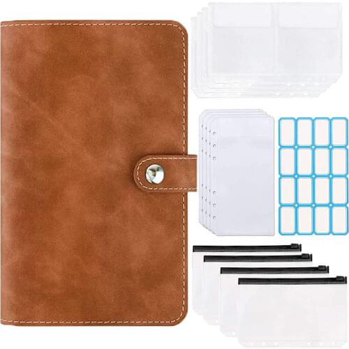 14Pcs A6 PU Leather Loose-Leaf Notebook Folder with 12 Transparent Pockets Budget Envelope System Planner with Label Stickers