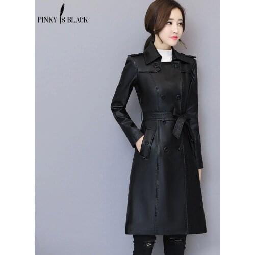 PinkyIsblack 2019 New Spring Women Long Leather Jacket Slim Plus Size Belt Motorcycle PU Leather Long Jacket Coat Leather Trench