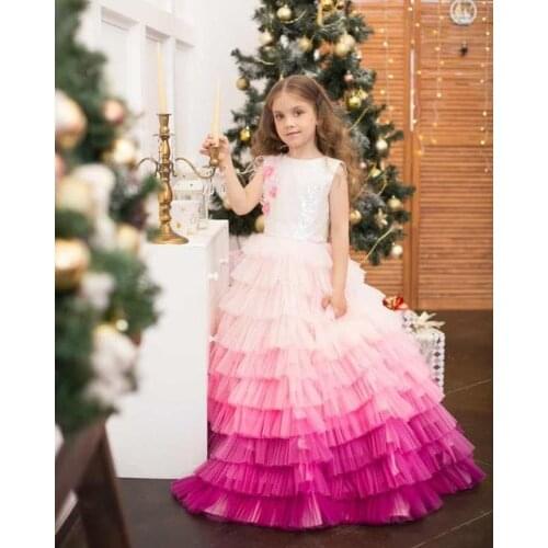 Puffy Girls Pink Shade Gowns Tiered Girls Princess Ball Gowns Girls Celebrity Party Dress Birthday Pageant Dresses Custom
