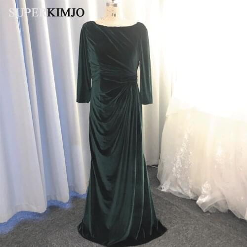 Real prom dresses 2020 hunt green crew neckline pleats mermaid long sleeve deep green evening dresses velvet