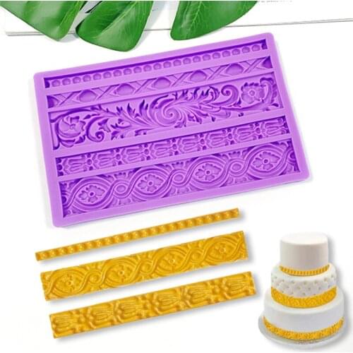 Palksky DIY Baroque Scroll Relief Cake Border Silicone Mold Vintage Curlicues Fondant Molds Flower Frame Edible Lace Mould Mat