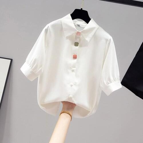 Chiffon White Women Shirts Summer New Button Solid Short-Sleeved Slim Elegant Office Lady Outwear Coats Tops