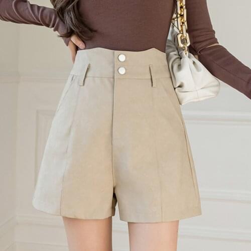 Black PU Leather Shorts Women 2021 Autumn High Waist Korean Fashion Button Wide Leg Matte Casual Shorts Feminino Ropa De Mujer