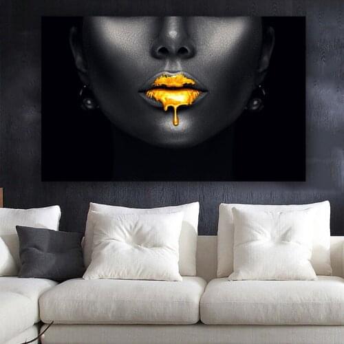 Modern Art Canvas Painting African Women Golden Lips Wall Picturs For Living Room Wall Canvas Posters and Prints Decorative Art