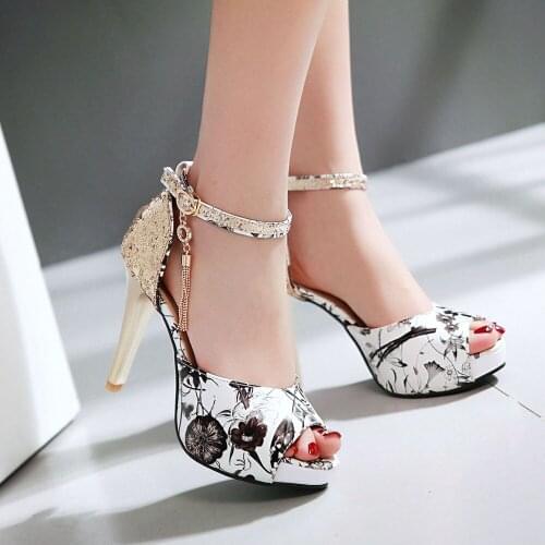 Women Pumps Fish Mouth high heel ladys platform sandals evening dress wedding lace shoes femal zapatos de mujer stiletto 33-43