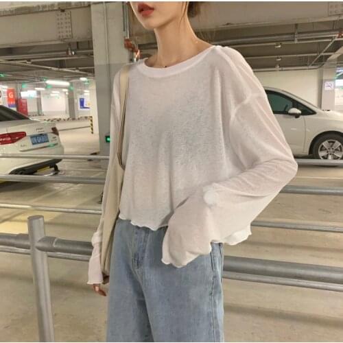 Women sexy long sleeve T shirt O-neck tees sun protection ice silk drawstring spring summer autumn shirt soft girl female 928