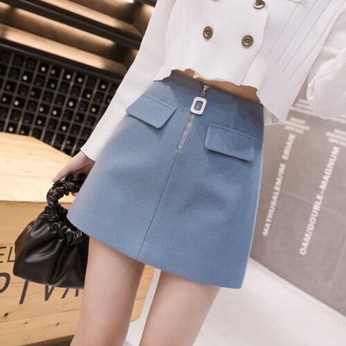Korean Fashion Women Skirt Elegant Casual Ladies Fake Pocket A-line Mini Skirts Chic Zipper Sweet High Waist Solid Female Skirt