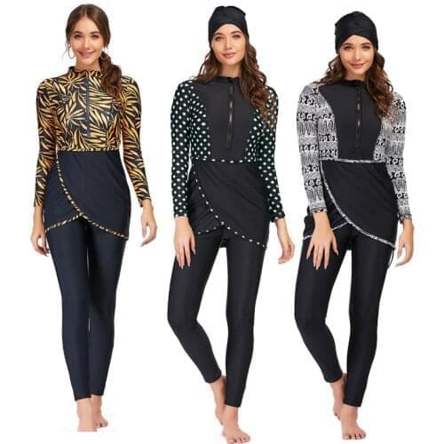Burkini Muslim Swimwear 2021 Womens Bathing Suit Modest Patchwork Hijab Long Sleeve Sport Swimsuit 3pcs Islamic Burkinis Wear