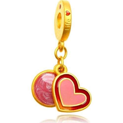 Pure 999 24K Yellow Gold Bracelet Women Red Heart Bracelet