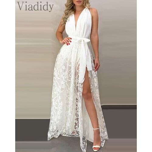 Women Sleeveless Halter Open Back Lace Design Side Slit Maxi Party Dress