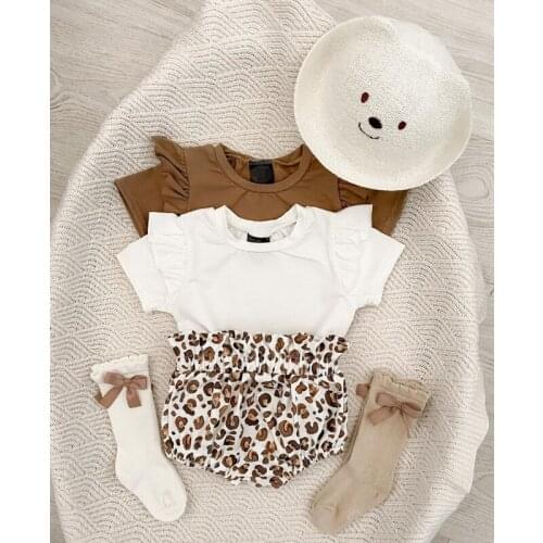 FOCUSNORM 3pcs Baby Girls Boys Clothes Sets Ruffles Short Sleeve Romper Tops Leopard Printed Shorts Headband 0-24M