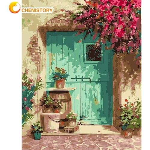 CHENISTORY DIY Framed Oil Picture By Numbers HandPainted Blue Door With Flower Acrylic Paint Color On Canvas Home Wall Painting