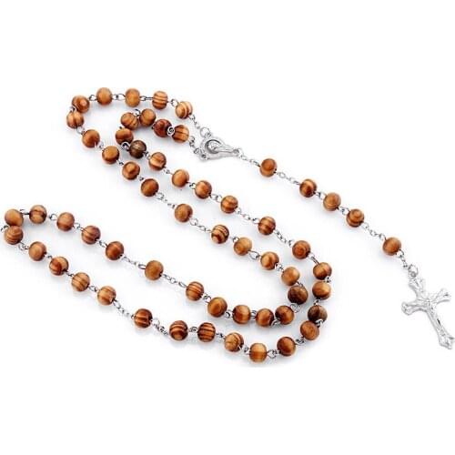 New Retro Wood Beaded Rosary Necklace Cross Jesus Pendant for Men Woman Christian Religious Necklaces Male Jewelry Gift