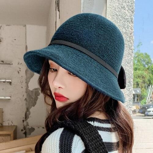 2020Autumn and Winter New Ladies Bow Solid Color Knitted Fisherman Hat Simple Fashionable Warm Bucket Hat Pink Bonnets for Women
