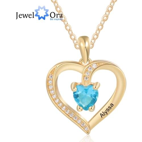 Personalized Engraving Name Heart Pendant Necklace Gold/Rose Gold Color Custom Birthstone Necklace Women Jewelry Gift (NE104157)