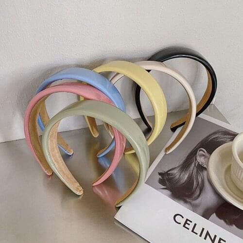 Faux Leather Macaron Headbands Cute Hair Accessories Women Cream Color Sponge Light Board Wide Side Hairband Fashion Hair Hoop