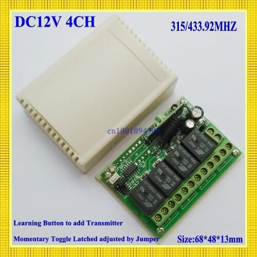 DC 12V 4 CH 10A Relay Receiver RF RC Remote Switch 315/433 Learning Code Momentary Toggle Latched adjustable ASK for Smart Home