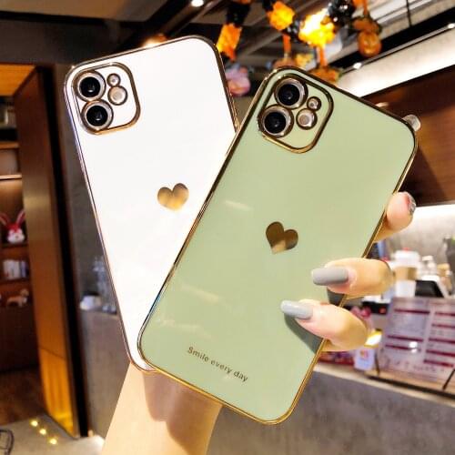 Luxury Gold Heart Plated Case for iPhone 11 Pro Max XS XR 7 8 Plus Silicon Square 6D Electroplate Cover for iPhone 12 X SE 2220