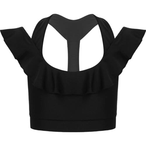 Kids Girls Summer Dance Tops Cross Back Ruffle Shirt Open Back Dancing Workout Vest Bras Children Dancewear Gymnastics Tops