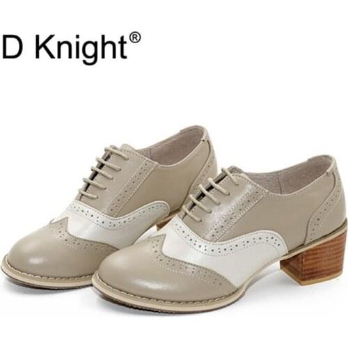 Vintage High Chunky Heel Carved Oxford Shoes New Autumn Women Brogue Shoes Color Block Lace Up Female Pumps Oxfords Ladies Shoes
