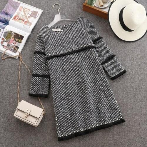 In stock Fit height 150cm-160cm Tweed dress 2020 New Autumn Women Bead Tassel O Neck Thick Female woolen Blend Mini dress