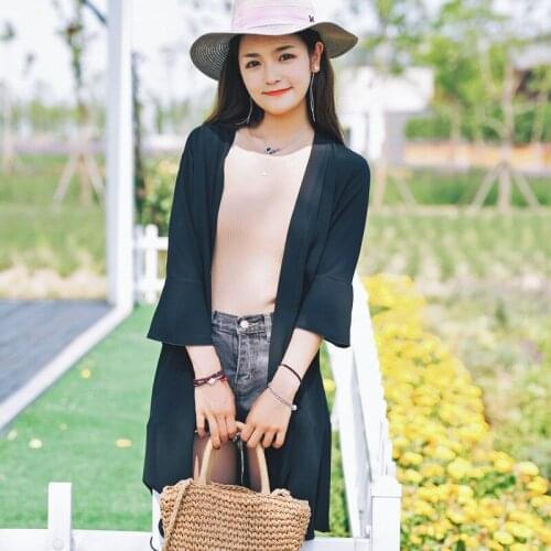 2021 Chiffon Summer Sun Protection Clothing Women Plus Size Holiday Style Trumpet Sleeves Mid-Length Crumpled Cardigan Thin Coat