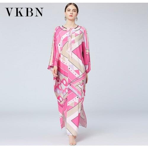 VKBN 2021 Autumn Dress Women Up Large Size Loose Batwing Sleeve O-Neck Office Lady Dresses for Women Party Fashion