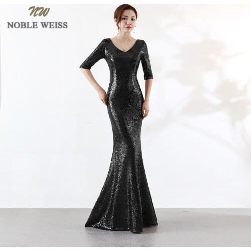 Evening dresses 2019 sexy v-neck mermaid black sequin women formal dress floor length in stock evening gown with short sleeves