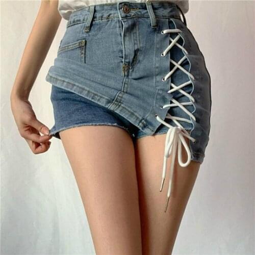 2021 Summer Criss-cross Bandage Hip Denim Skirt Shorts Korean Style Women Fashion Sexy High Waist All Match Short Jeans