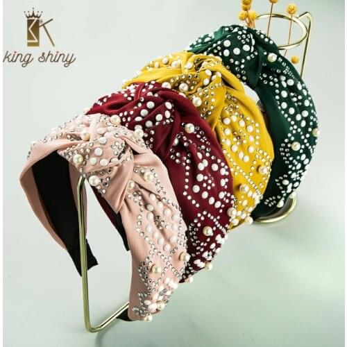 Elegant Korean Simulated Pearl Bowknot Headband for Woman Vintage Shiny Rhinestone Padded Hairband Woman Party Hair Accessories