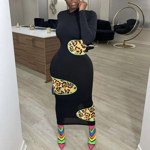 Camouflage Leopard Print Patchwork Bodycon Long Dress Women Spring Long Sleeve Stretchy Sexy Maxi Dresses for Women Vestidos