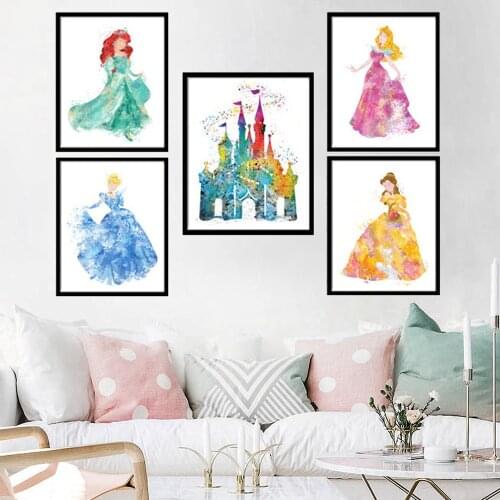 Girl Room Wall Art Decor Disney Princess Watercolor Print Snow White Movie Poster Cinderella Canvas Painting Home Decoration