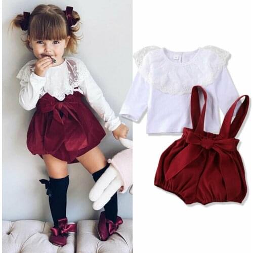 2Pcs Newborn Baby Girl Lovely Outfits Solid Color Lace Ruffle Long Sleeve Tops+Suspender Shorts Overalls Summer Baby Clothing