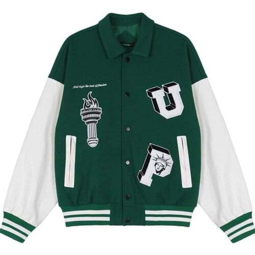 Men PU Leather Stitching Sleeve Varsity Jackets Couple Fun Letter Embroidery Baseball Uniform Hip Hop Loose Green Jacket Coats