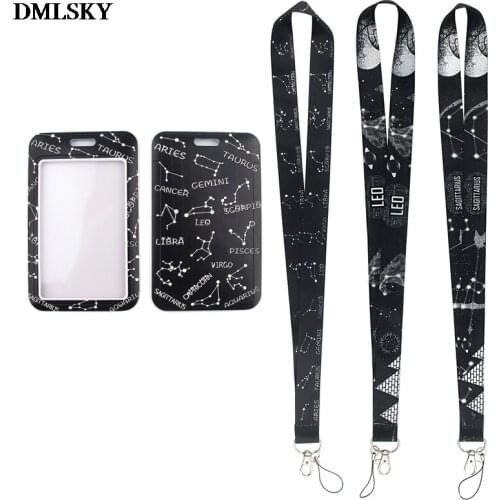 MD185 DMLSKY Cartoon Constellation Black Lanyard Keychain key Badge ID Mobile Phone Rope Cute Gifts Lanyard With Card Holder