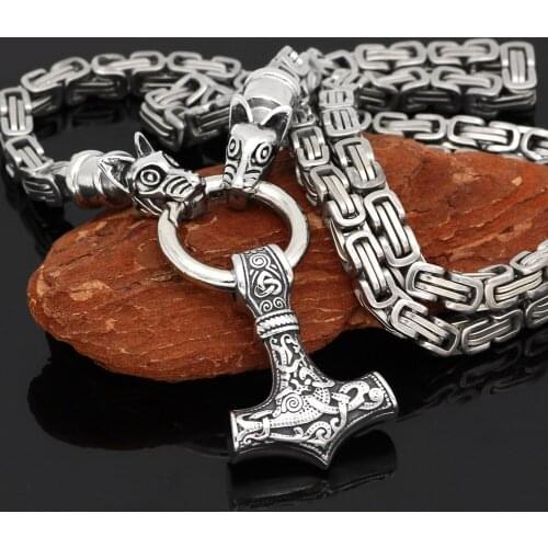 Men stainless steelNordic viking odin wolf head with thor hammer Mjolnir pendant necklace -king chain