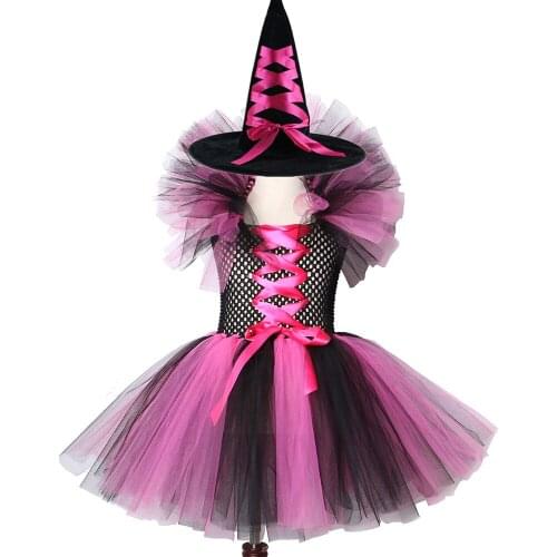 2019 New Girls Witch Tutu Dress Hot Pink And Black Children Halloween Costumes Carnival Cosplay Witch Costume Kids Party Dresses