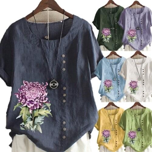 New Women Summer Casual Flower Print Loose T-shirts Vintage Round Neck Plus Size Short Sleeve Blouse Tops S-5XL