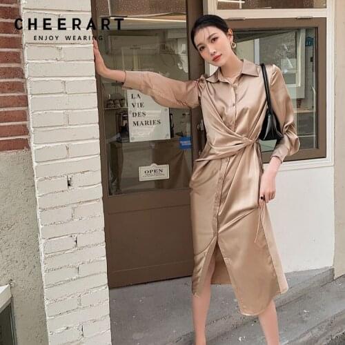 CHEERART Fall Clothes For Women Khaki Long Sleeve Button Up Shirt Dress Lace Up Asymmetrical Long Midi Dress Autumn 2021