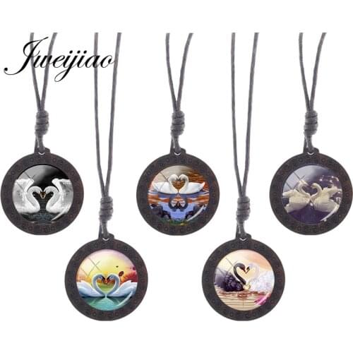 JWEIJIAO Love Birds White Swan Necklace Valentines Day Gift Rope Chains Wooden Pendant Necklaces Fashion Brand Jewelry NS402