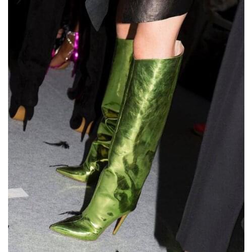 Drop Shipping Brand Women Fashion Solid Gold Black Green Color Zip Side Pointed Toe 110 mm Thin Heels Knee High Long Boots Lady