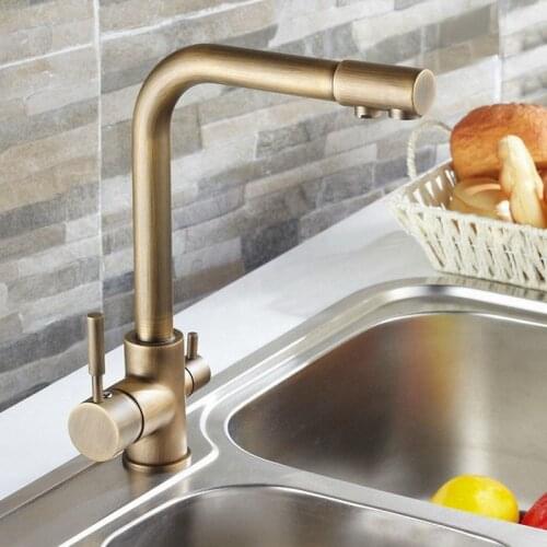 Luxury Vintage Retro Antique Brass two Levers 3-Way Water Filter Tap Kitchen Sink Faucet Mixer asf010